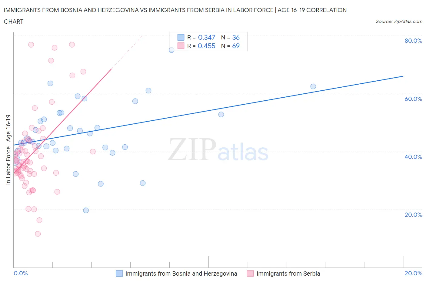 Immigrants from Bosnia and Herzegovina vs Immigrants from Serbia In Labor Force | Age 16-19