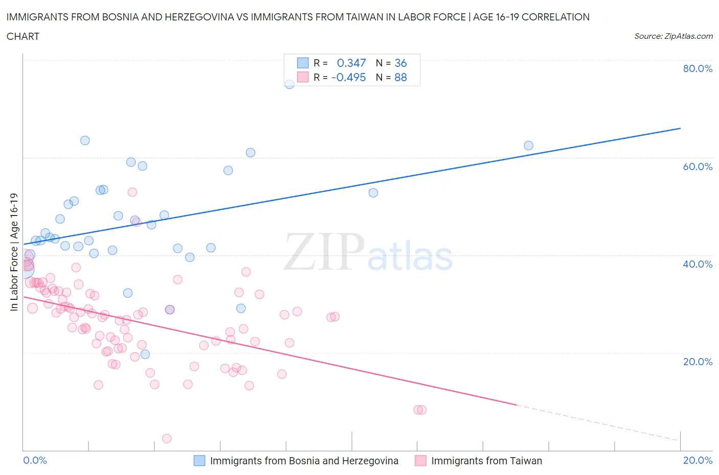 Immigrants from Bosnia and Herzegovina vs Immigrants from Taiwan In Labor Force | Age 16-19
