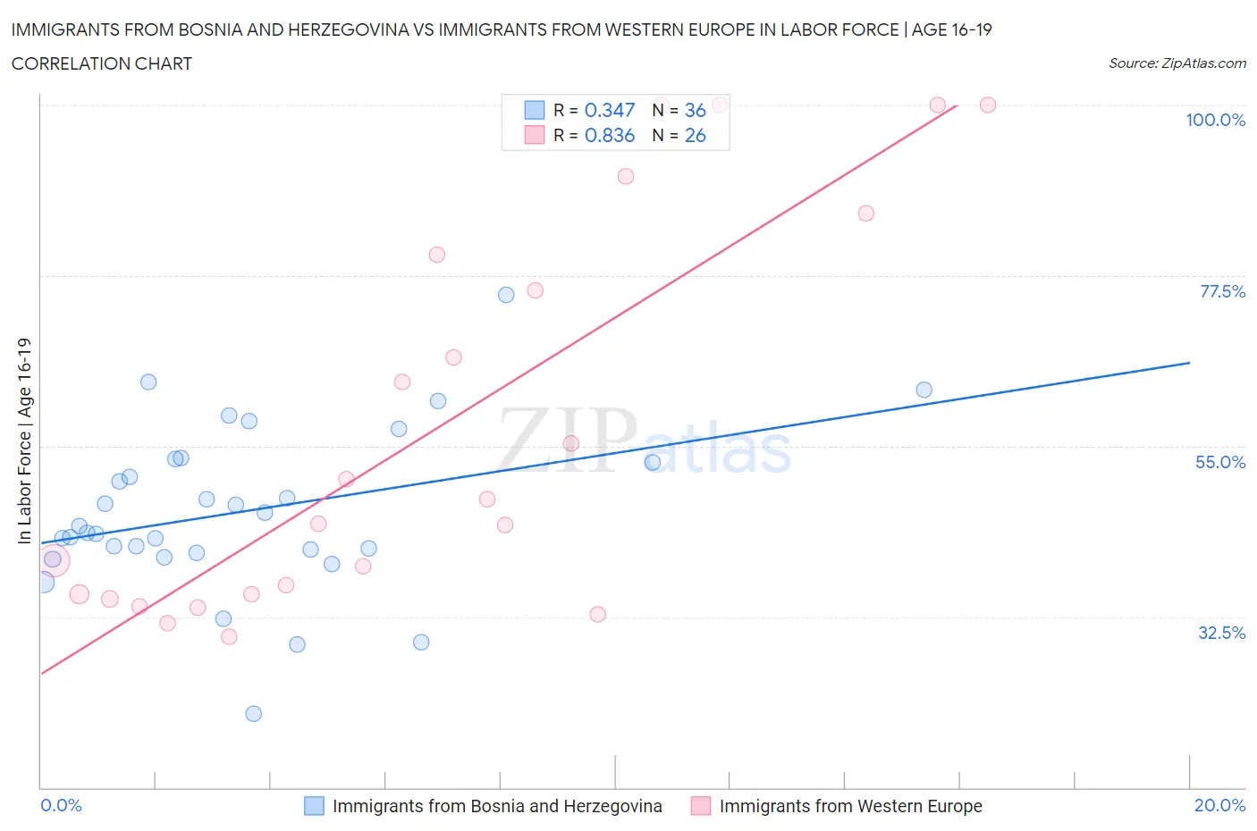 Immigrants from Bosnia and Herzegovina vs Immigrants from Western Europe In Labor Force | Age 16-19