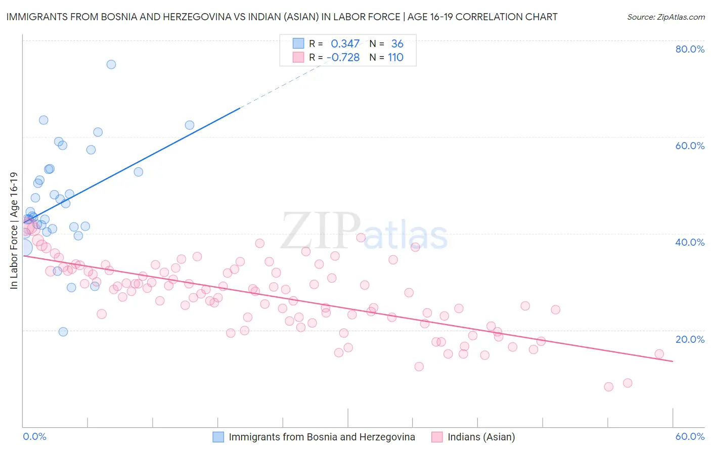 Immigrants from Bosnia and Herzegovina vs Indian (Asian) In Labor Force | Age 16-19