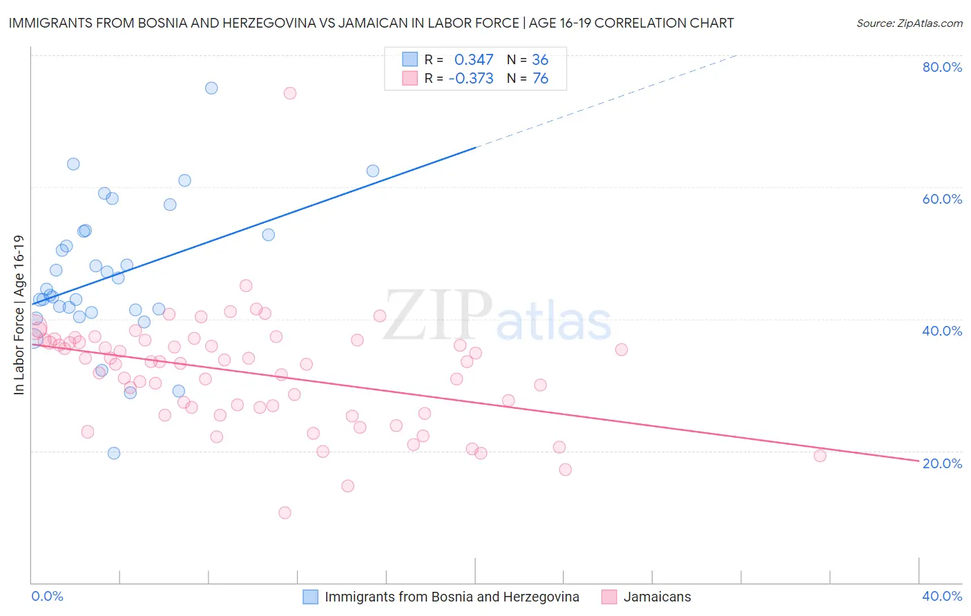 Immigrants from Bosnia and Herzegovina vs Jamaican In Labor Force | Age 16-19