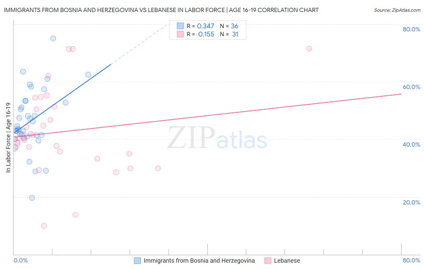 Immigrants from Bosnia and Herzegovina vs Lebanese In Labor Force | Age 16-19