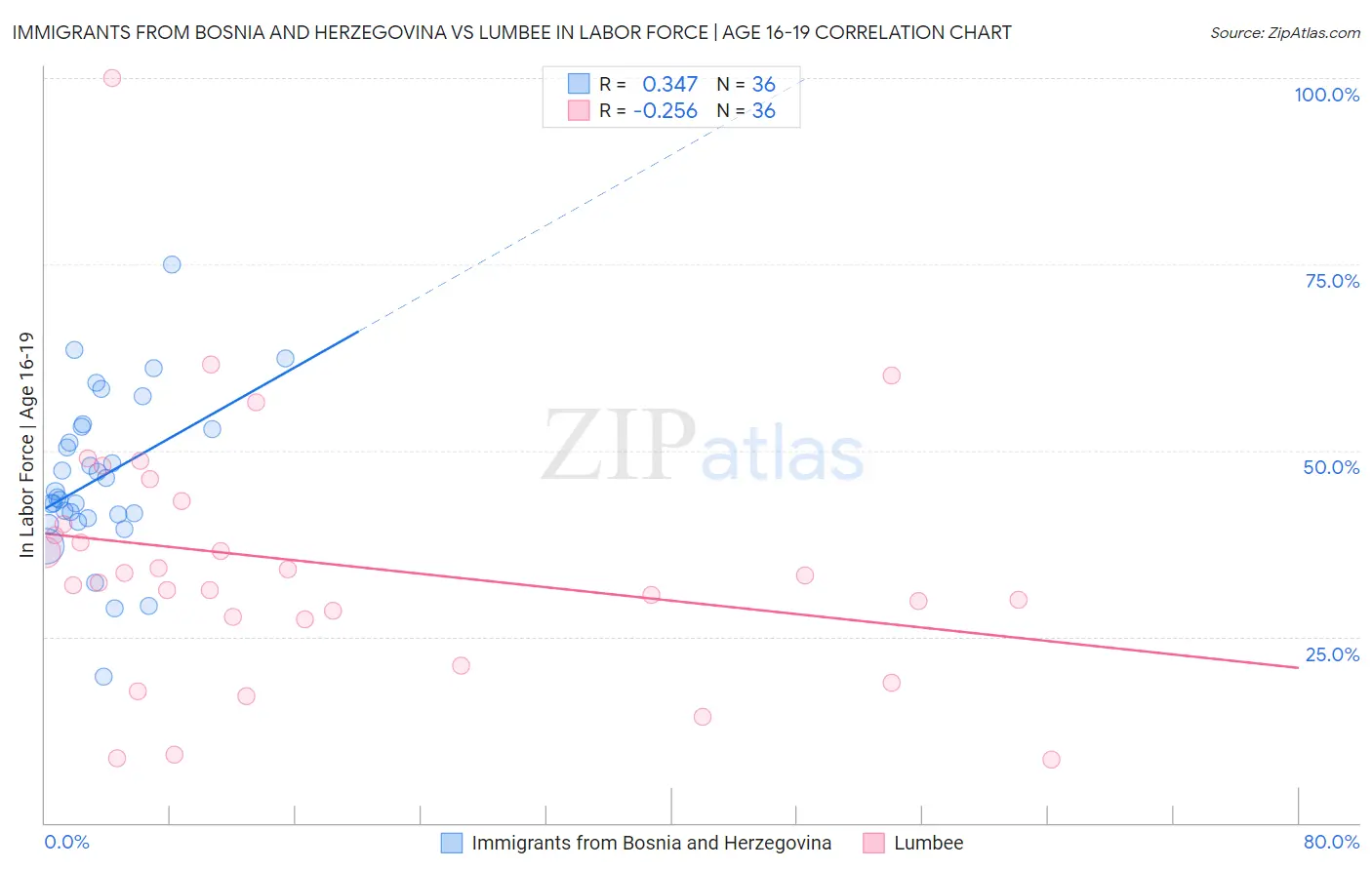 Immigrants from Bosnia and Herzegovina vs Lumbee In Labor Force | Age 16-19