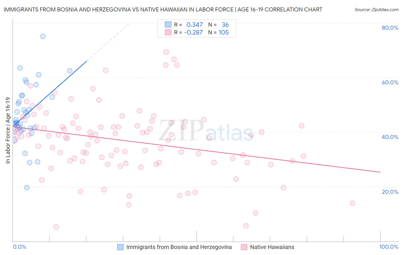 Immigrants from Bosnia and Herzegovina vs Native Hawaiian In Labor Force | Age 16-19