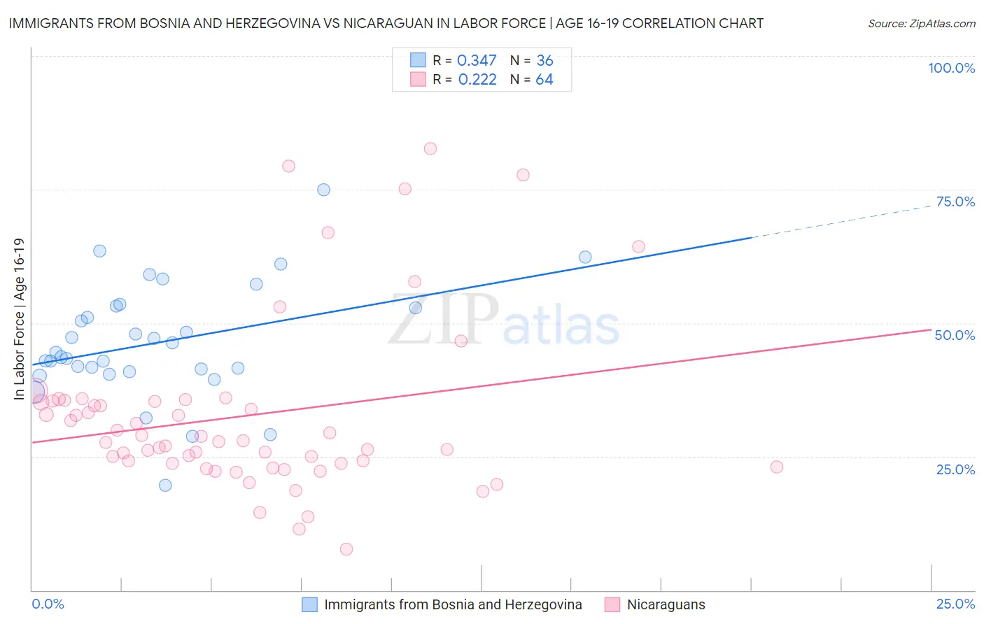 Immigrants from Bosnia and Herzegovina vs Nicaraguan In Labor Force | Age 16-19