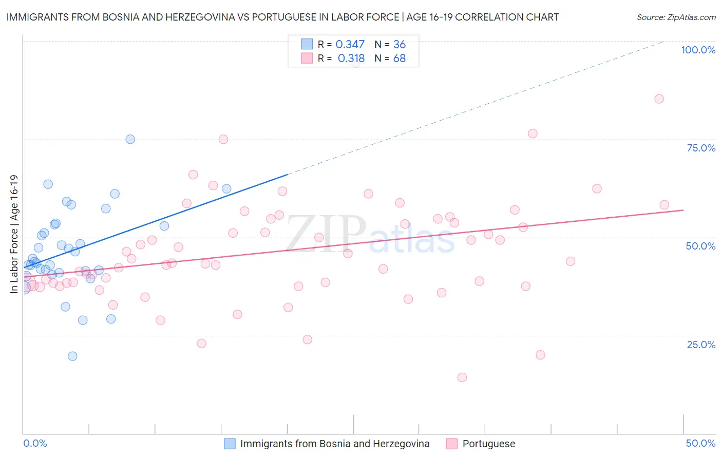 Immigrants from Bosnia and Herzegovina vs Portuguese In Labor Force | Age 16-19