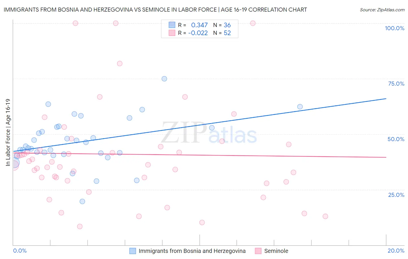 Immigrants from Bosnia and Herzegovina vs Seminole In Labor Force | Age 16-19