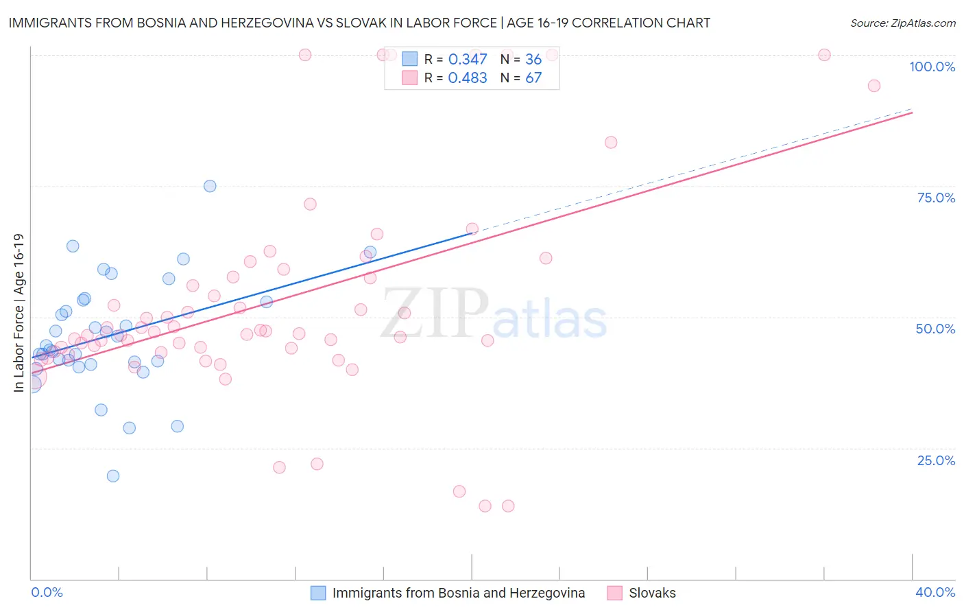 Immigrants from Bosnia and Herzegovina vs Slovak In Labor Force | Age 16-19