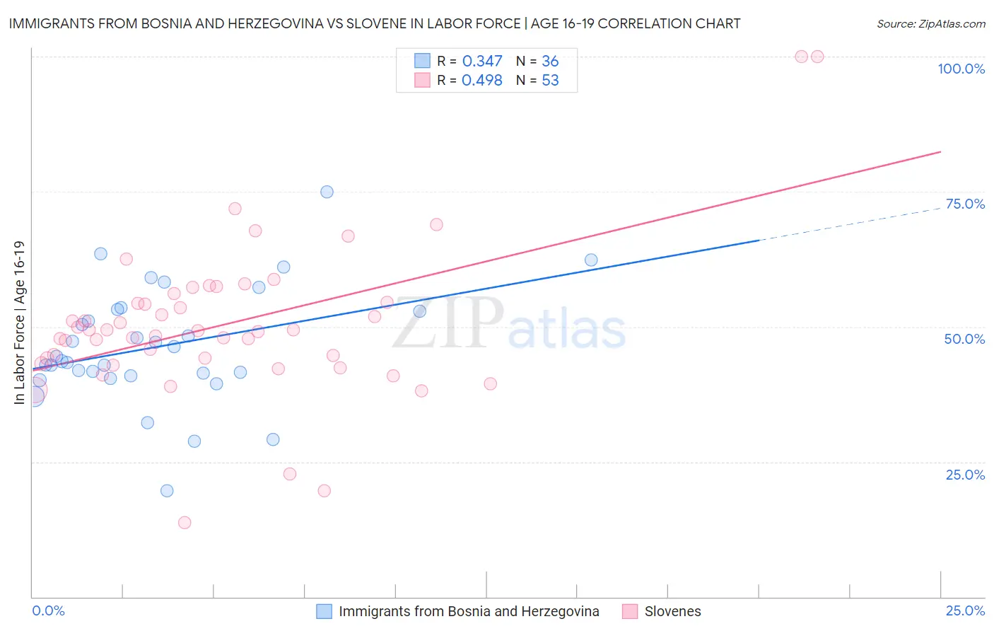 Immigrants from Bosnia and Herzegovina vs Slovene In Labor Force | Age 16-19