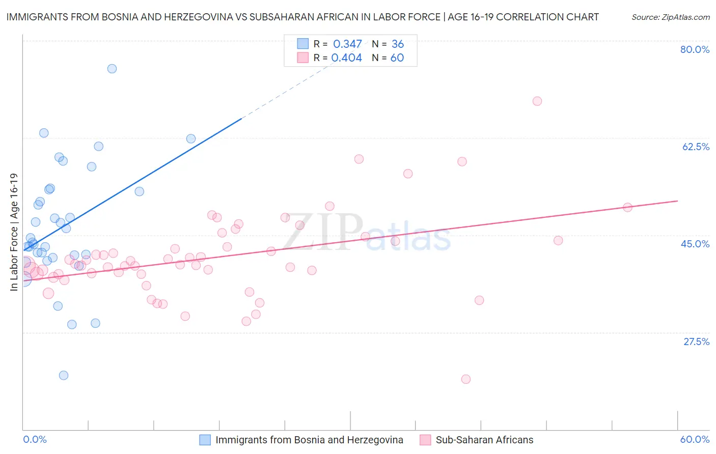 Immigrants from Bosnia and Herzegovina vs Subsaharan African In Labor Force | Age 16-19