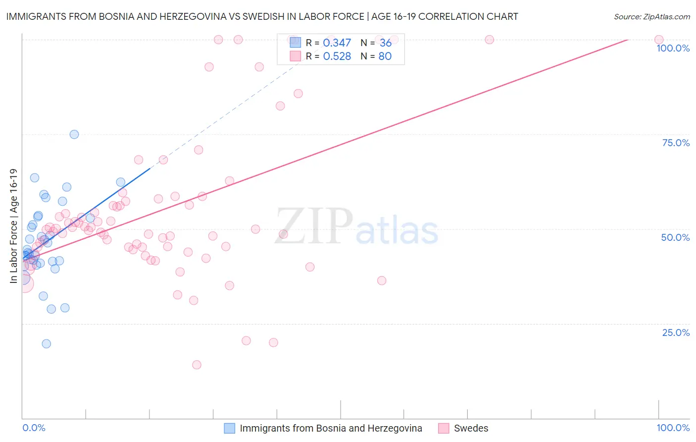 Immigrants from Bosnia and Herzegovina vs Swedish In Labor Force | Age 16-19