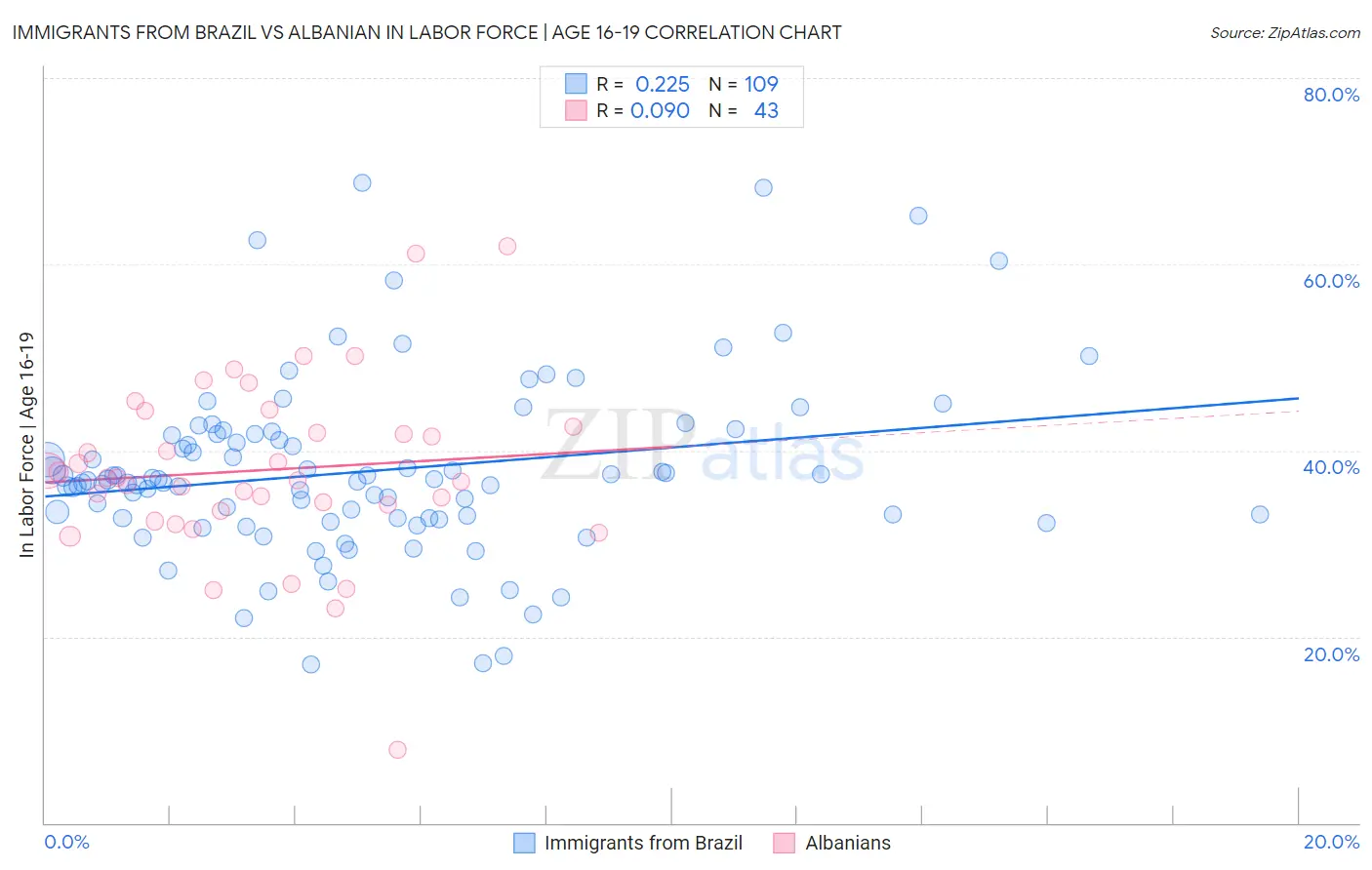 Immigrants from Brazil vs Albanian In Labor Force | Age 16-19