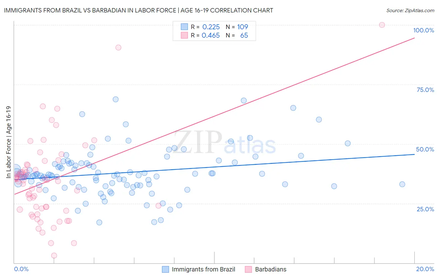 Immigrants from Brazil vs Barbadian In Labor Force | Age 16-19
