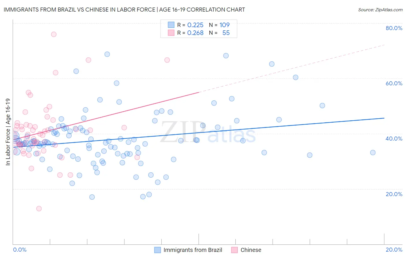 Immigrants from Brazil vs Chinese In Labor Force | Age 16-19