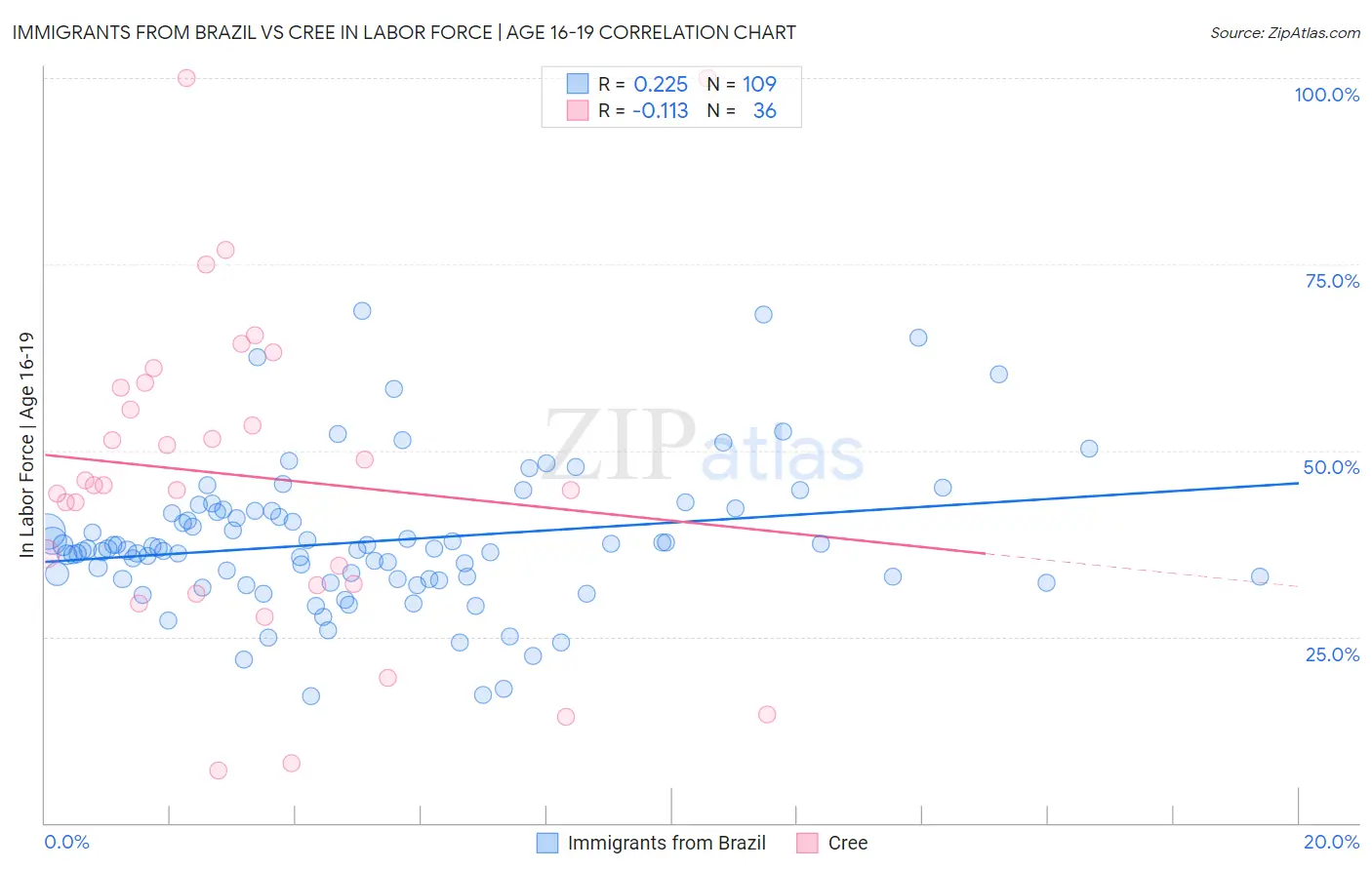 Immigrants from Brazil vs Cree In Labor Force | Age 16-19