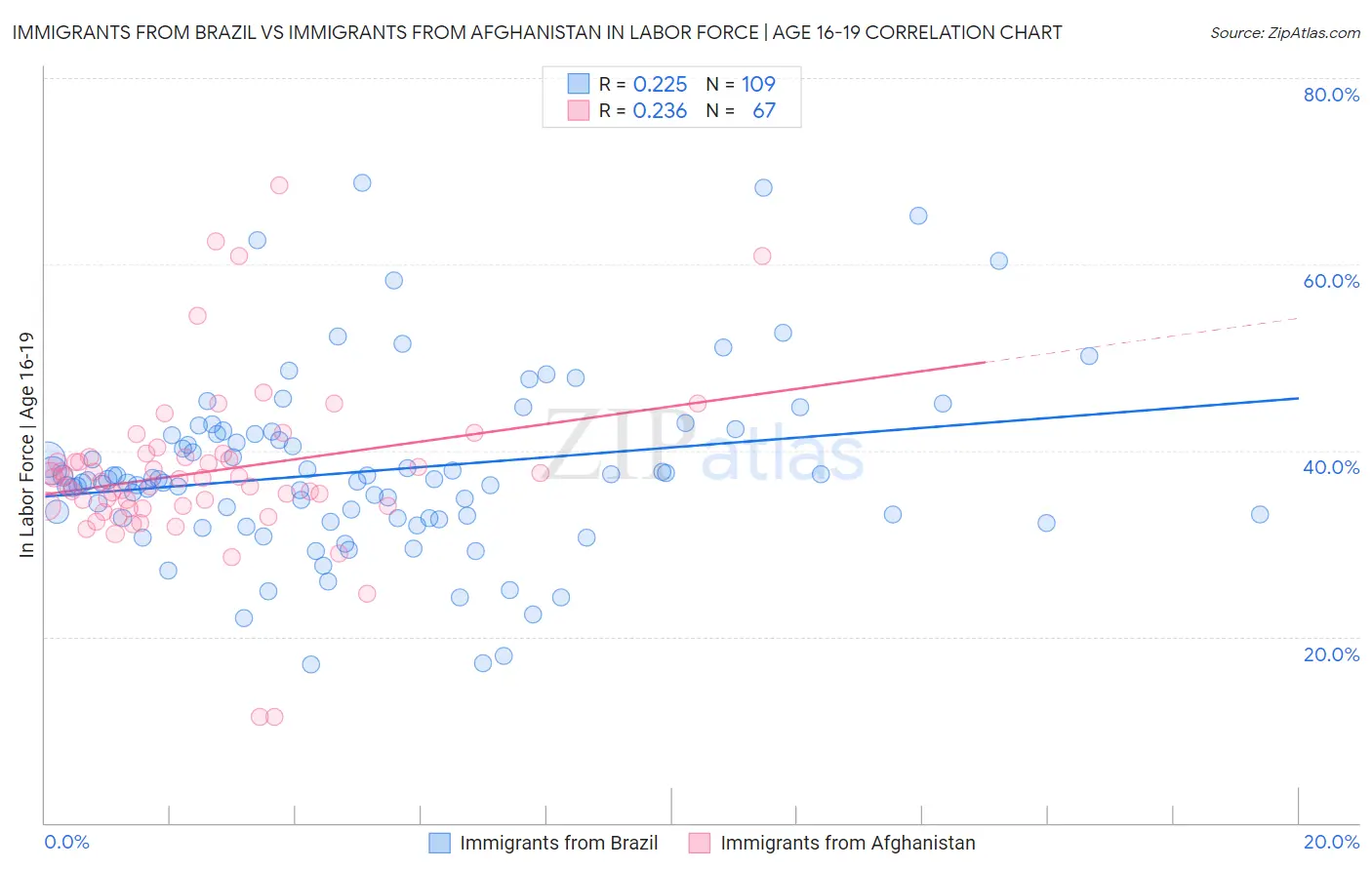 Immigrants from Brazil vs Immigrants from Afghanistan In Labor Force | Age 16-19