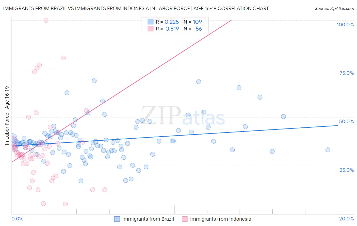 Immigrants from Brazil vs Immigrants from Indonesia In Labor Force | Age 16-19