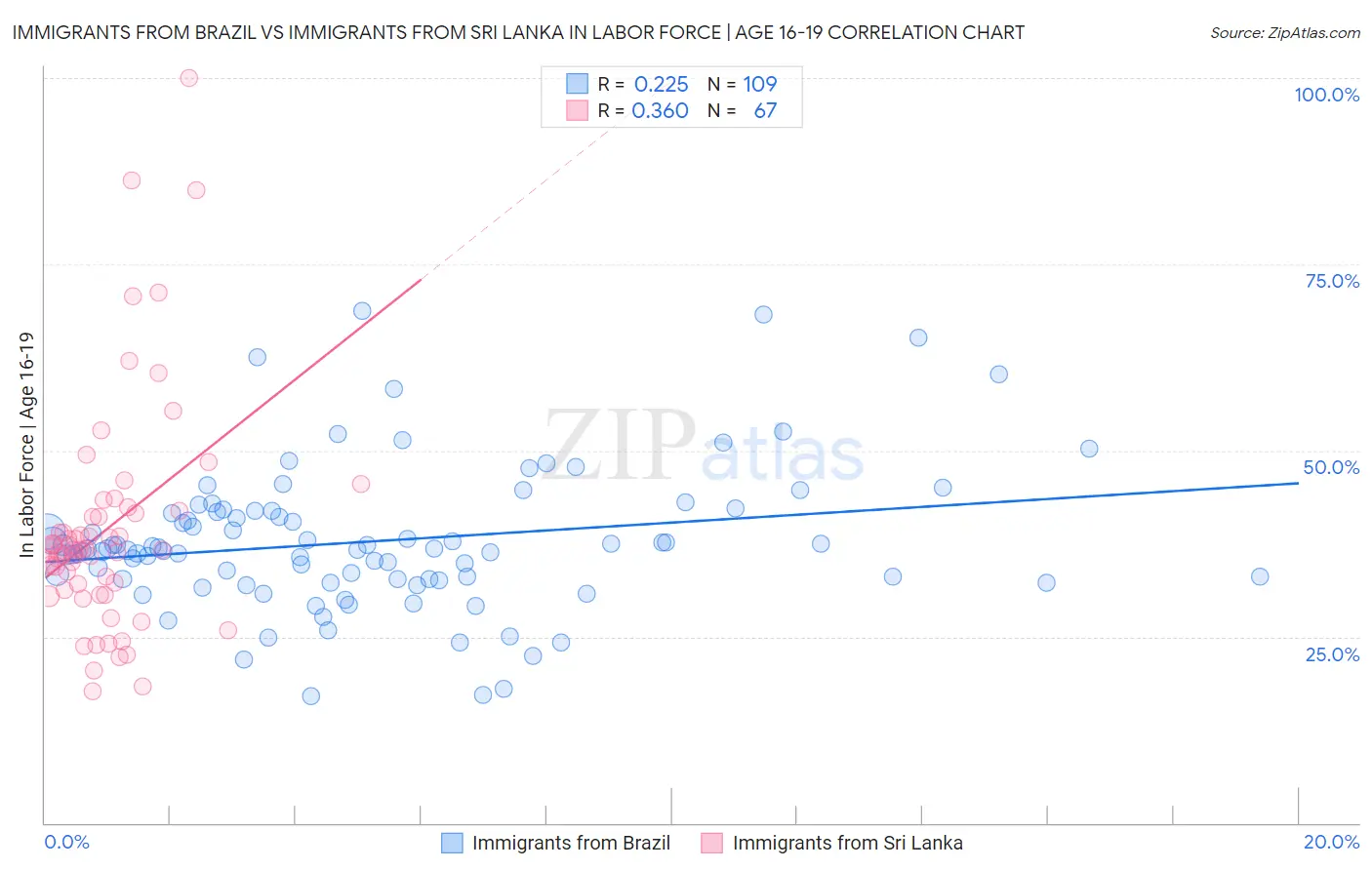 Immigrants from Brazil vs Immigrants from Sri Lanka In Labor Force | Age 16-19
