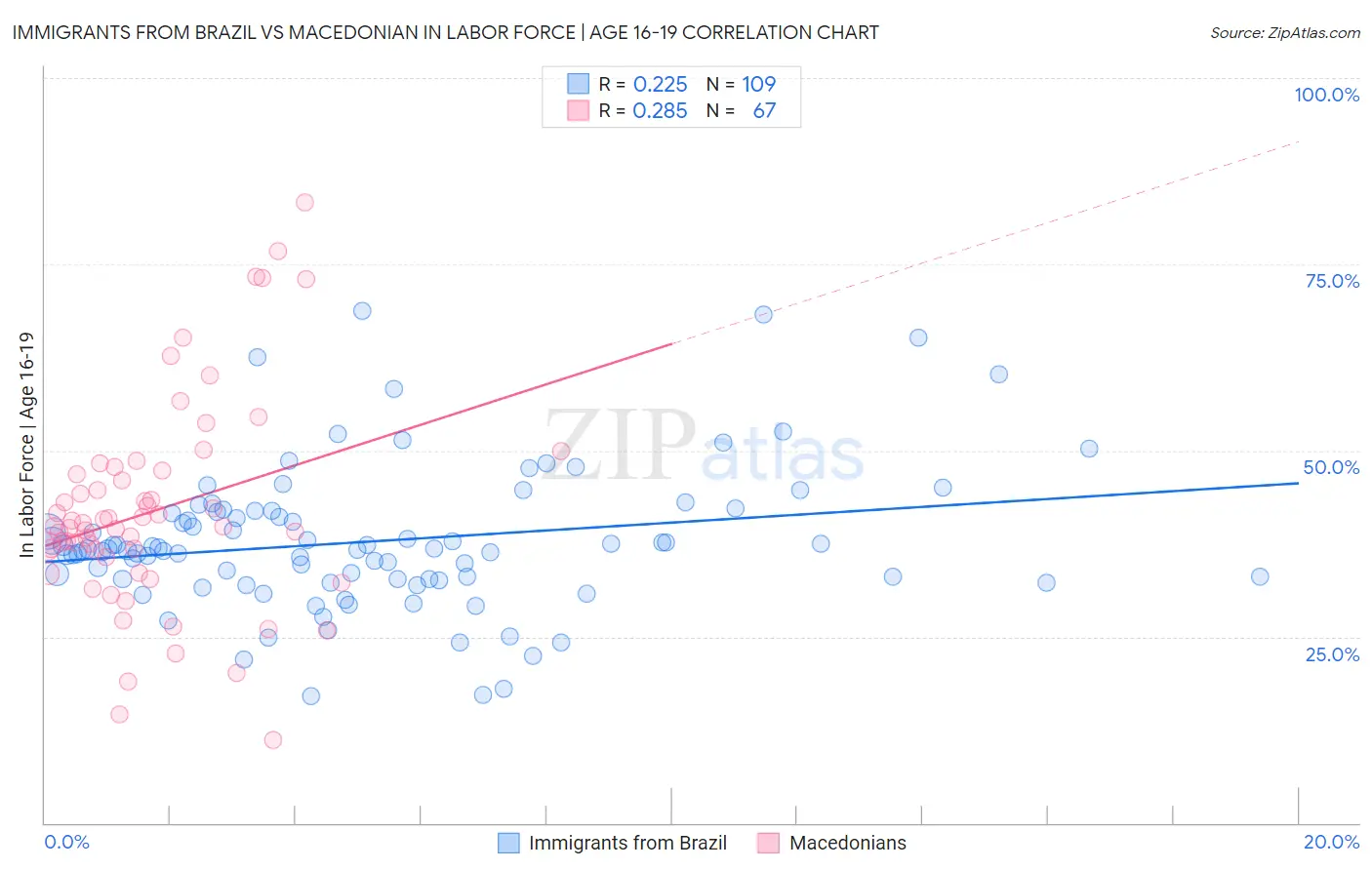 Immigrants from Brazil vs Macedonian In Labor Force | Age 16-19