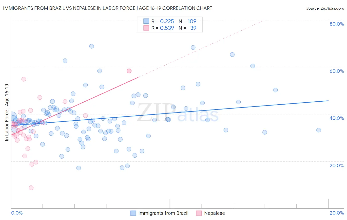 Immigrants from Brazil vs Nepalese In Labor Force | Age 16-19