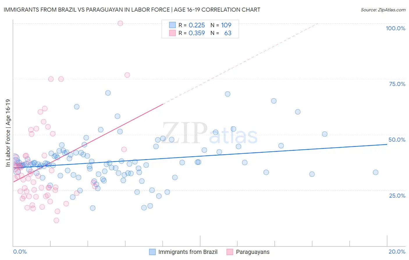 Immigrants from Brazil vs Paraguayan In Labor Force | Age 16-19