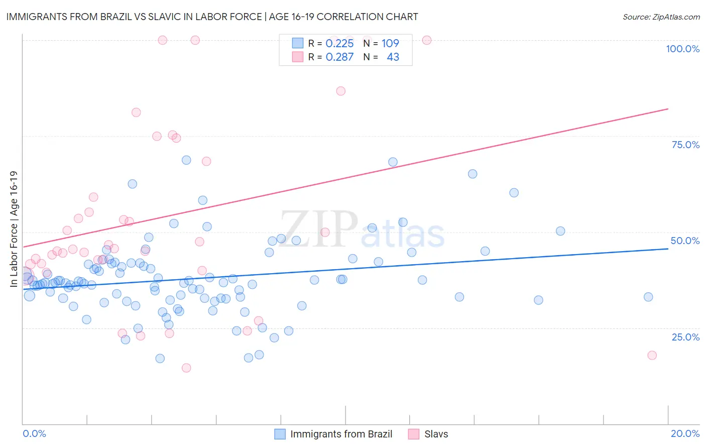 Immigrants from Brazil vs Slavic In Labor Force | Age 16-19