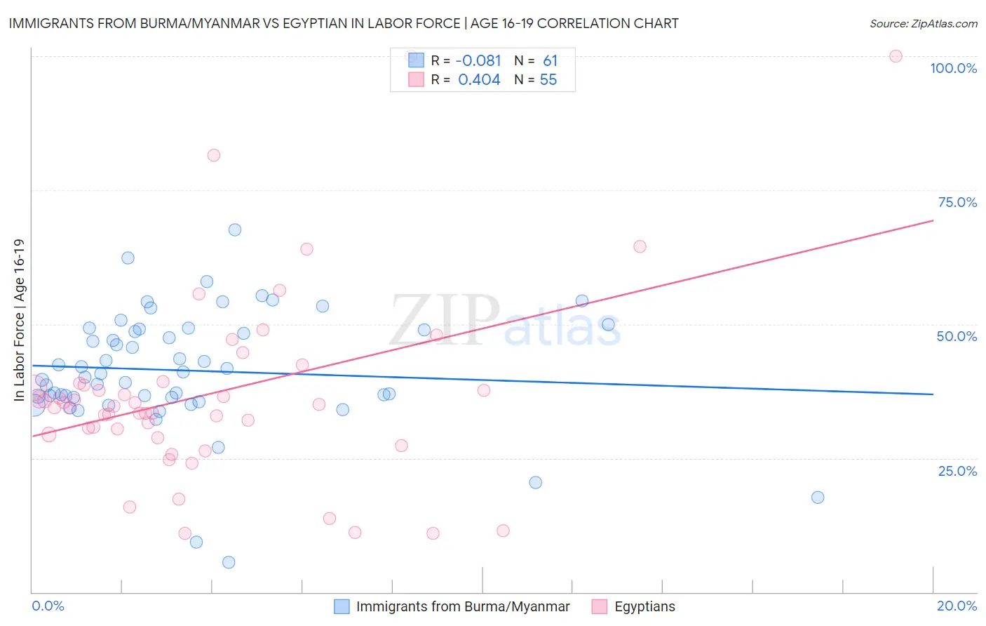 Immigrants from Burma/Myanmar vs Egyptian In Labor Force | Age 16-19