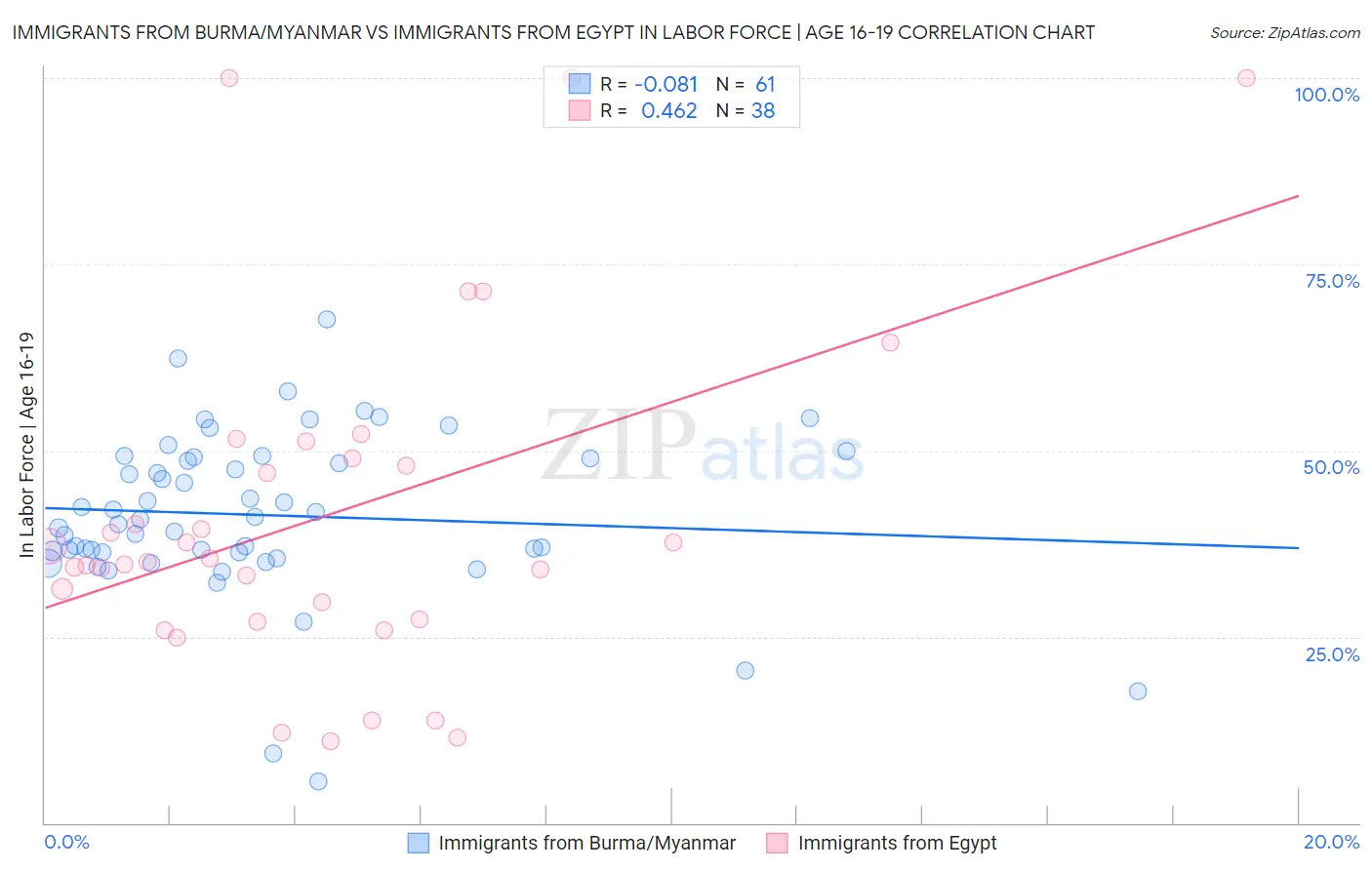 Immigrants from Burma/Myanmar vs Immigrants from Egypt In Labor Force | Age 16-19