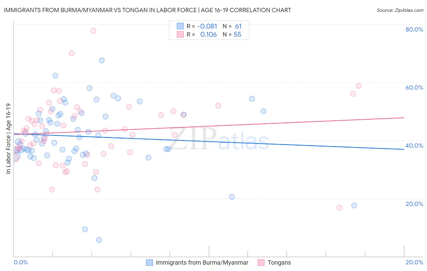 Immigrants from Burma/Myanmar vs Tongan In Labor Force | Age 16-19