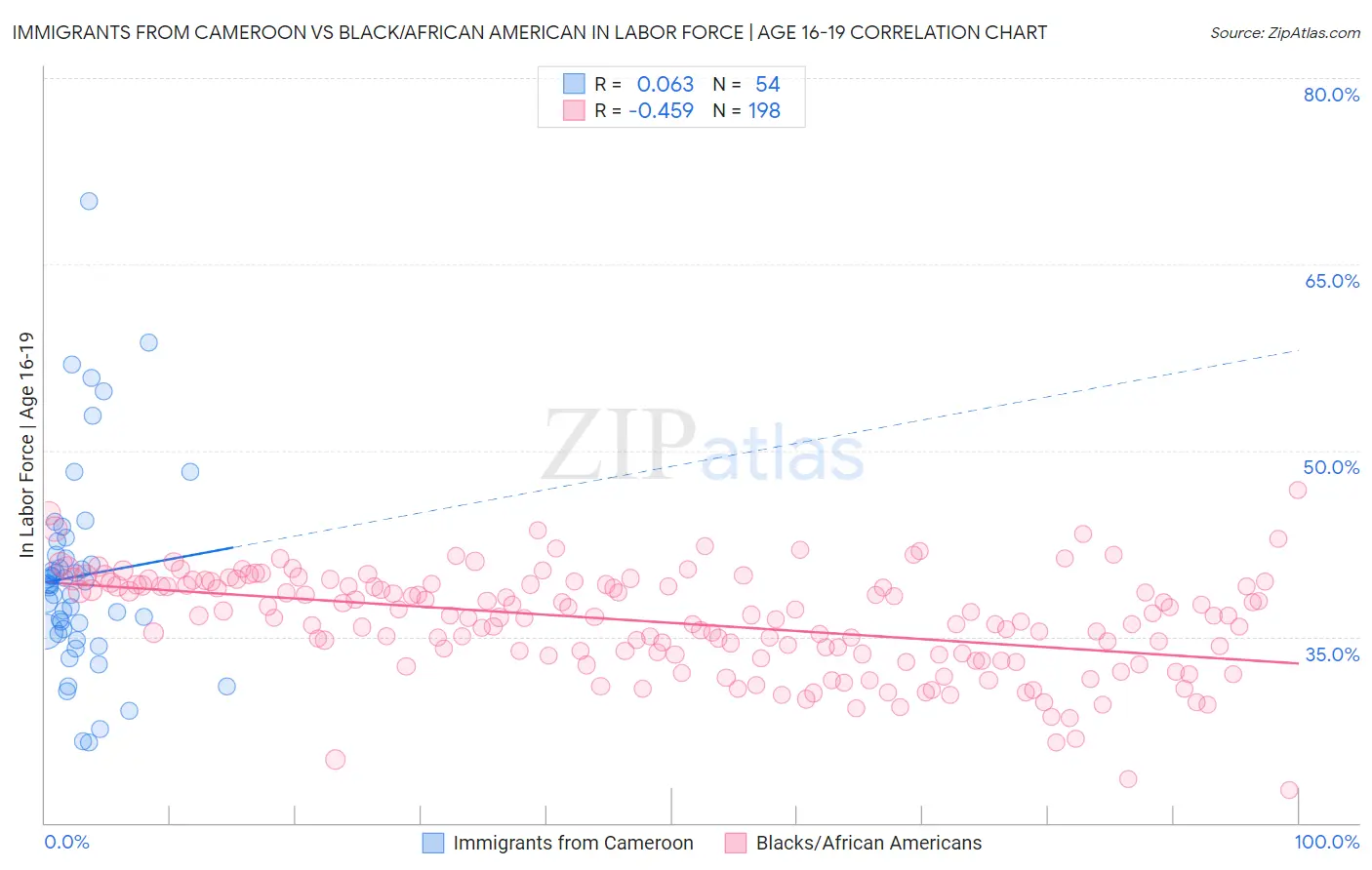 Immigrants from Cameroon vs Black/African American In Labor Force | Age 16-19