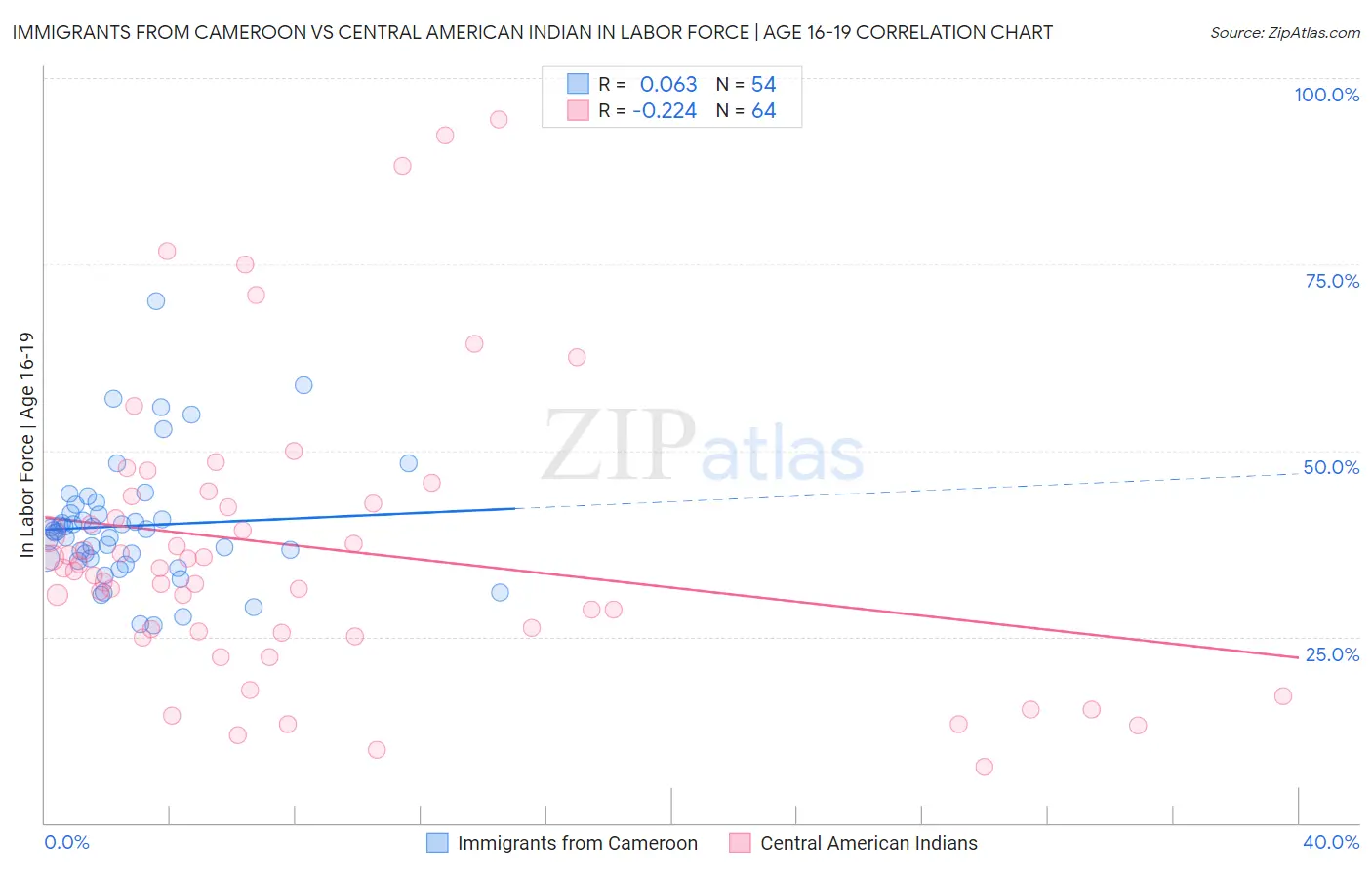 Immigrants from Cameroon vs Central American Indian In Labor Force | Age 16-19