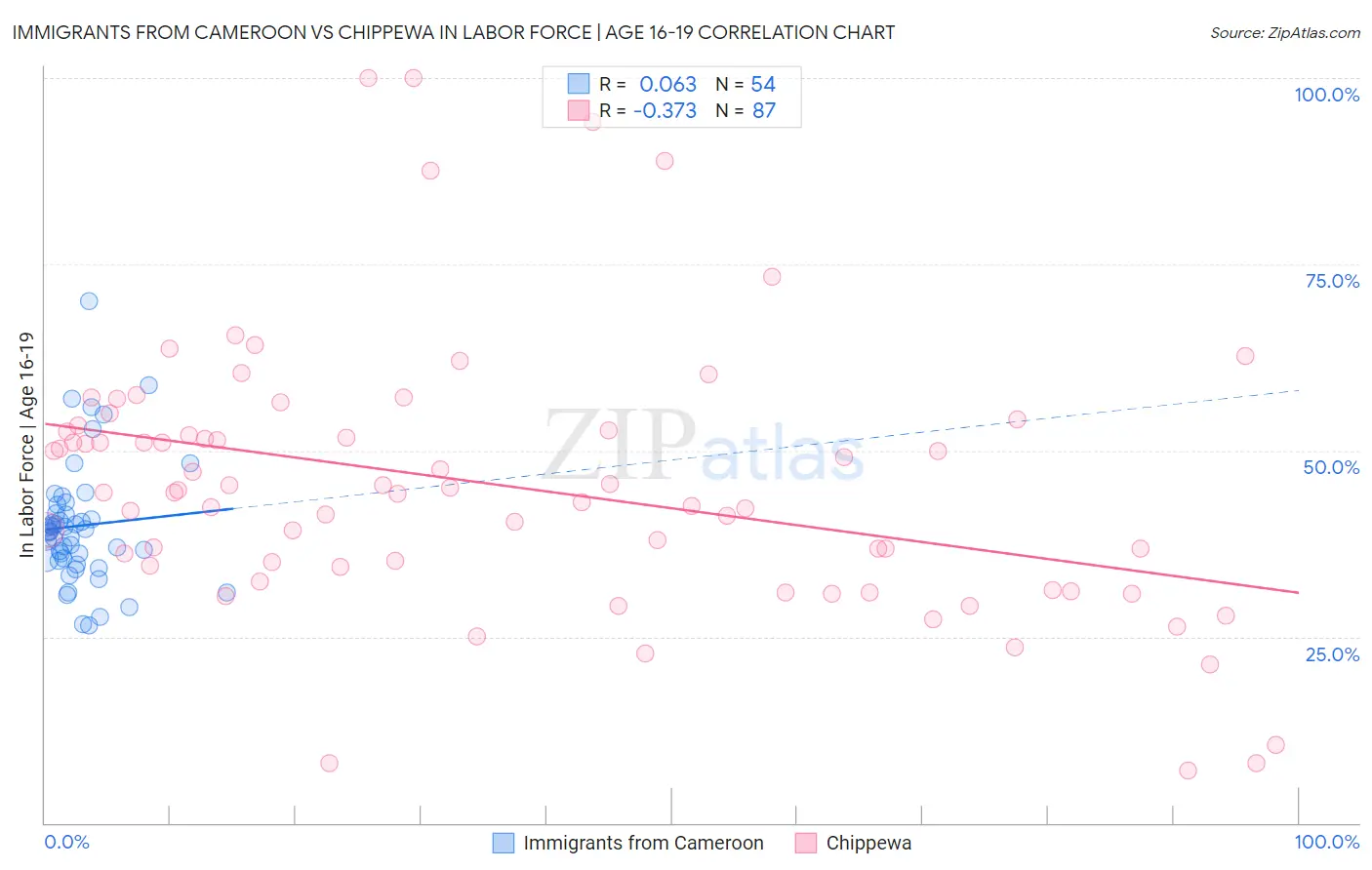 Immigrants from Cameroon vs Chippewa In Labor Force | Age 16-19