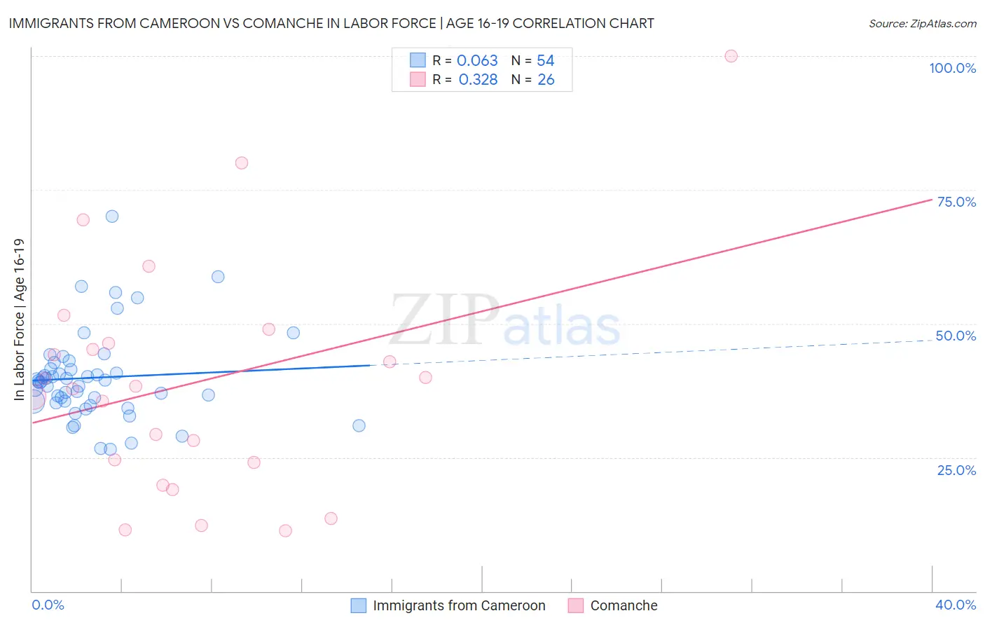 Immigrants from Cameroon vs Comanche In Labor Force | Age 16-19