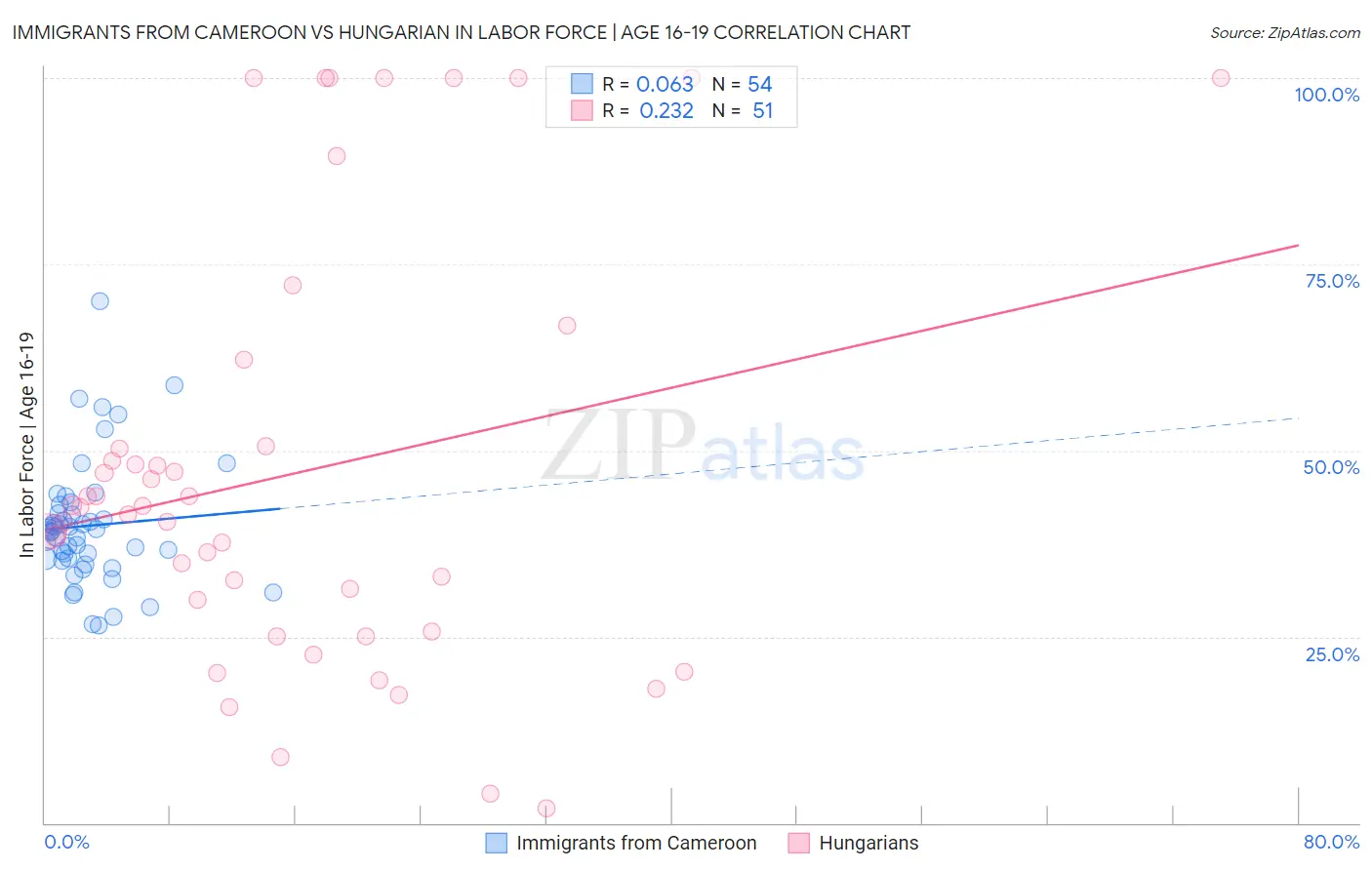 Immigrants from Cameroon vs Hungarian In Labor Force | Age 16-19