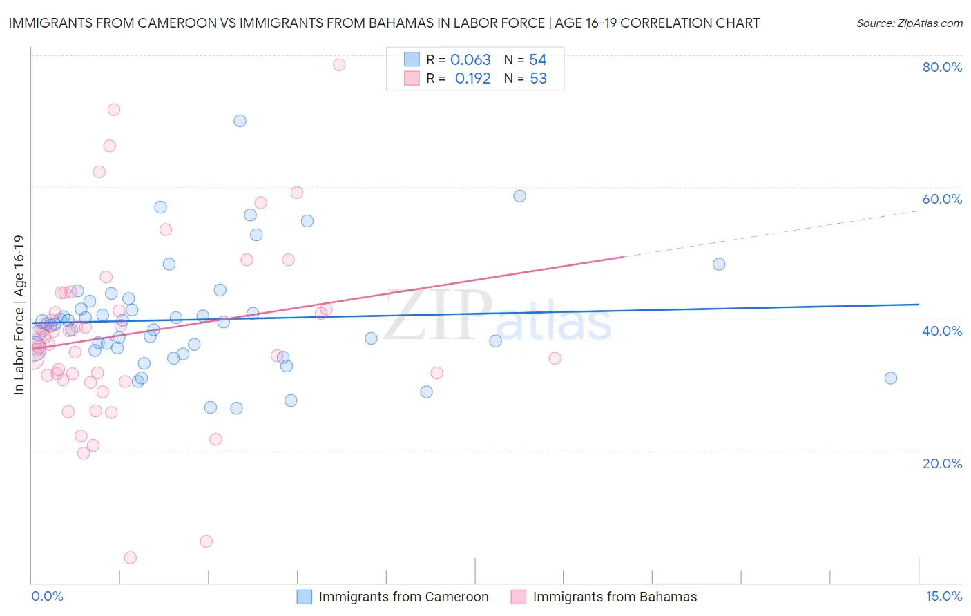Immigrants from Cameroon vs Immigrants from Bahamas In Labor Force | Age 16-19