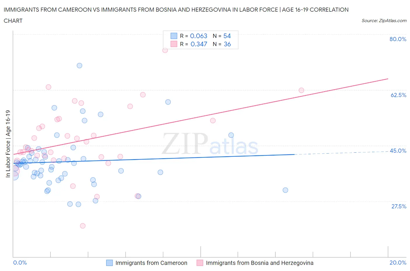 Immigrants from Cameroon vs Immigrants from Bosnia and Herzegovina In Labor Force | Age 16-19