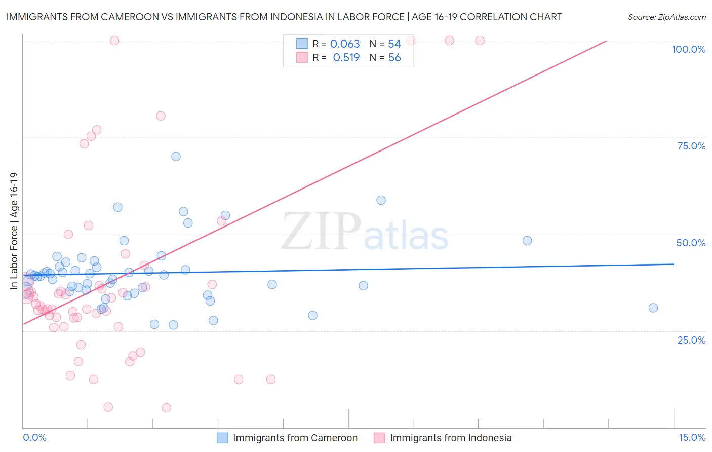Immigrants from Cameroon vs Immigrants from Indonesia In Labor Force | Age 16-19