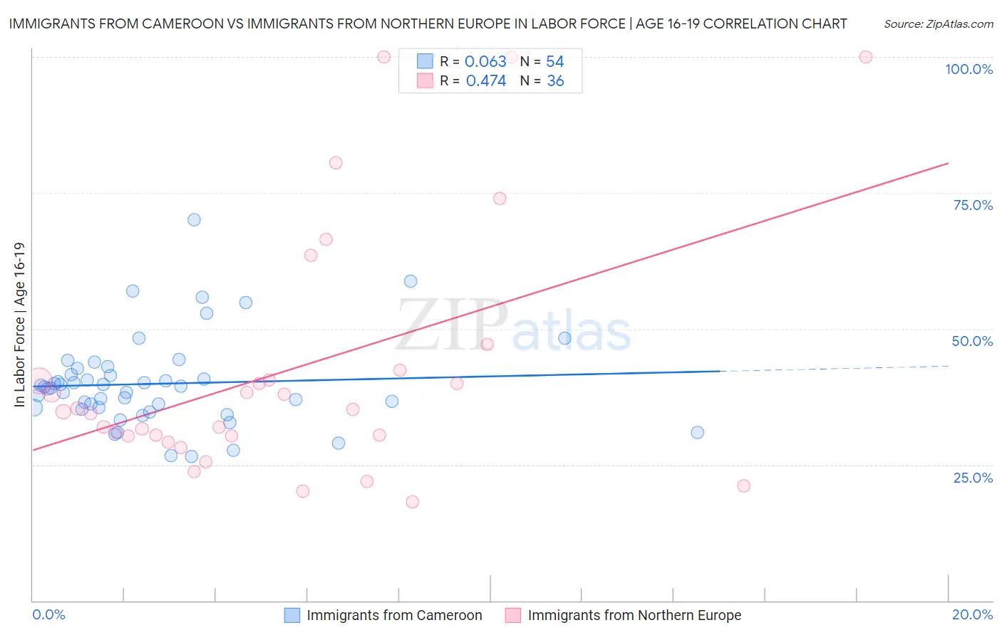 Immigrants from Cameroon vs Immigrants from Northern Europe In Labor Force | Age 16-19