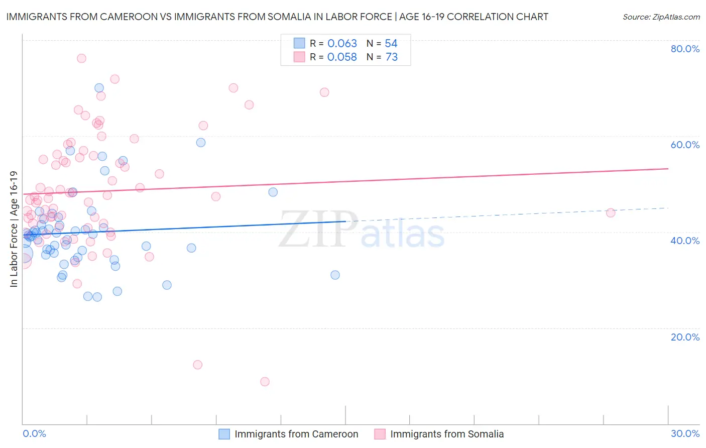 Immigrants from Cameroon vs Immigrants from Somalia In Labor Force | Age 16-19