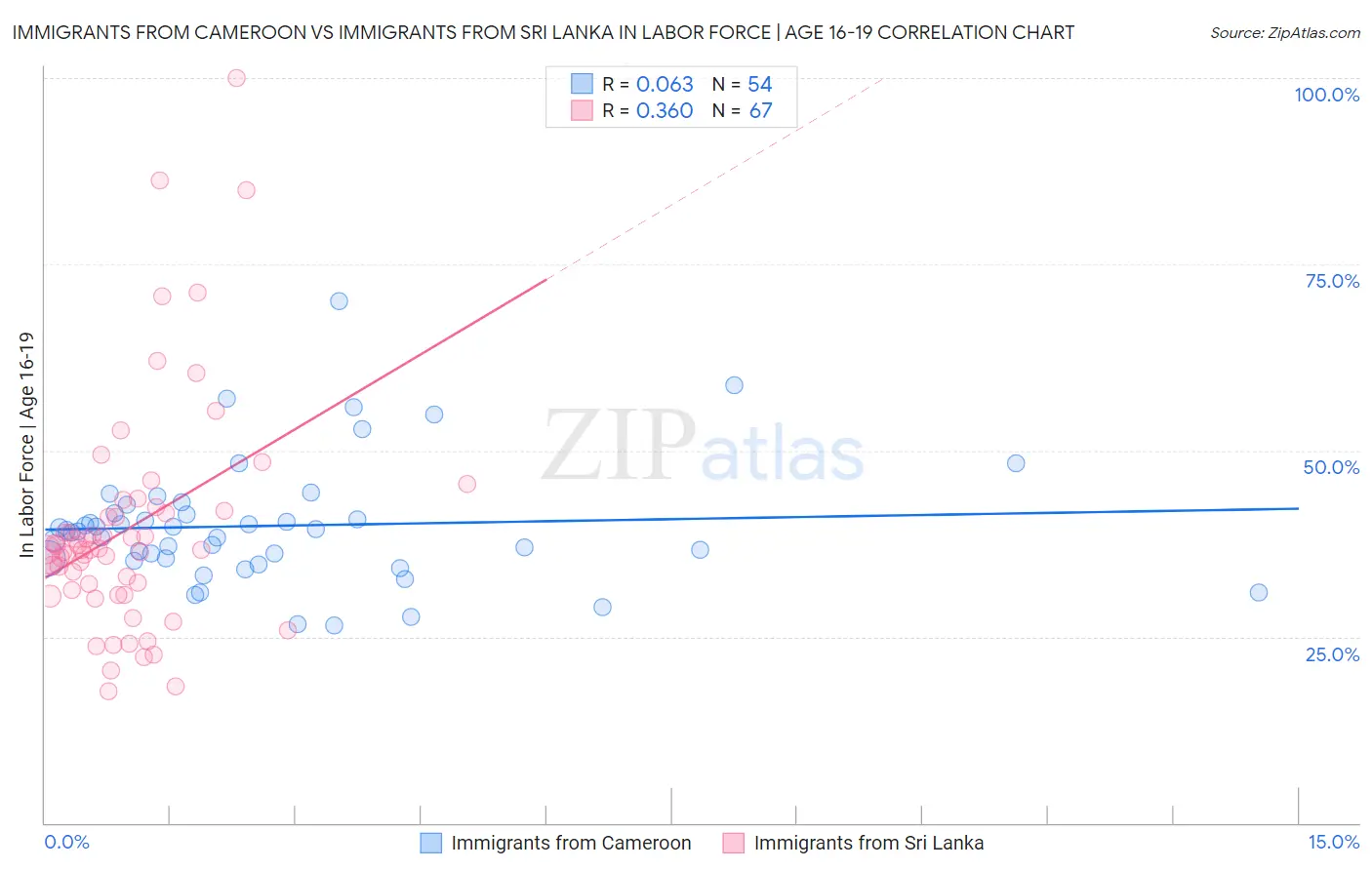 Immigrants from Cameroon vs Immigrants from Sri Lanka In Labor Force | Age 16-19