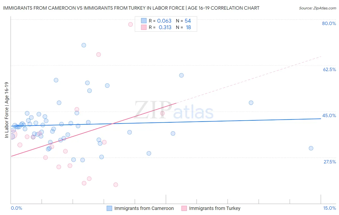 Immigrants from Cameroon vs Immigrants from Turkey In Labor Force | Age 16-19