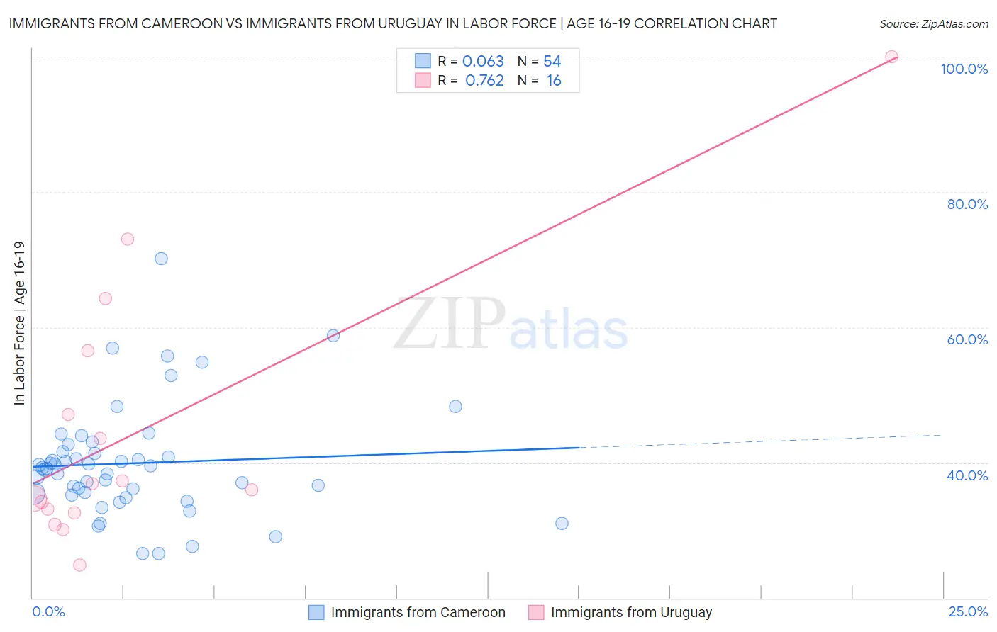 Immigrants from Cameroon vs Immigrants from Uruguay In Labor Force | Age 16-19