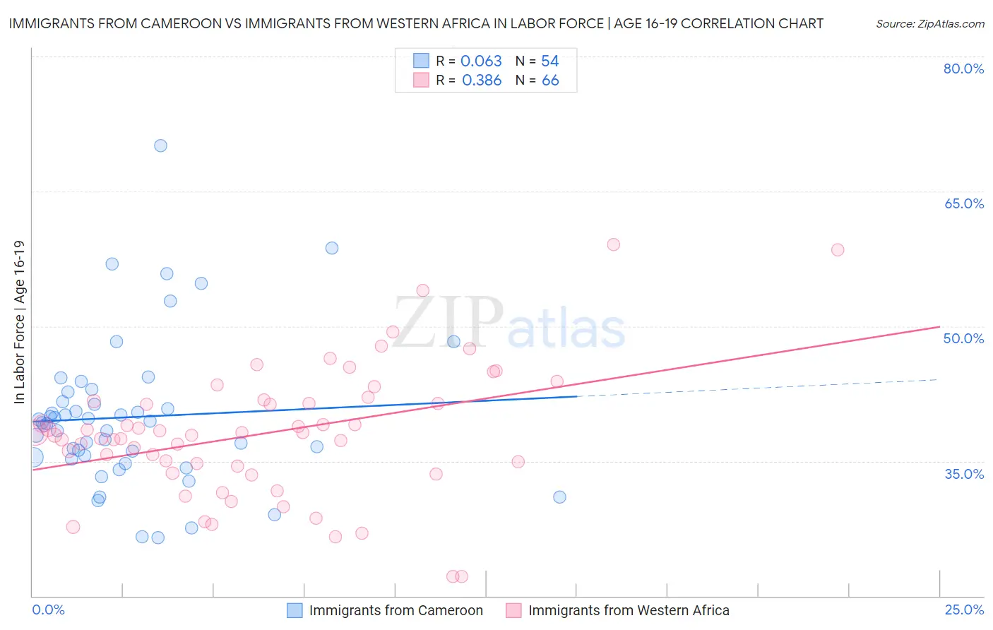 Immigrants from Cameroon vs Immigrants from Western Africa In Labor Force | Age 16-19