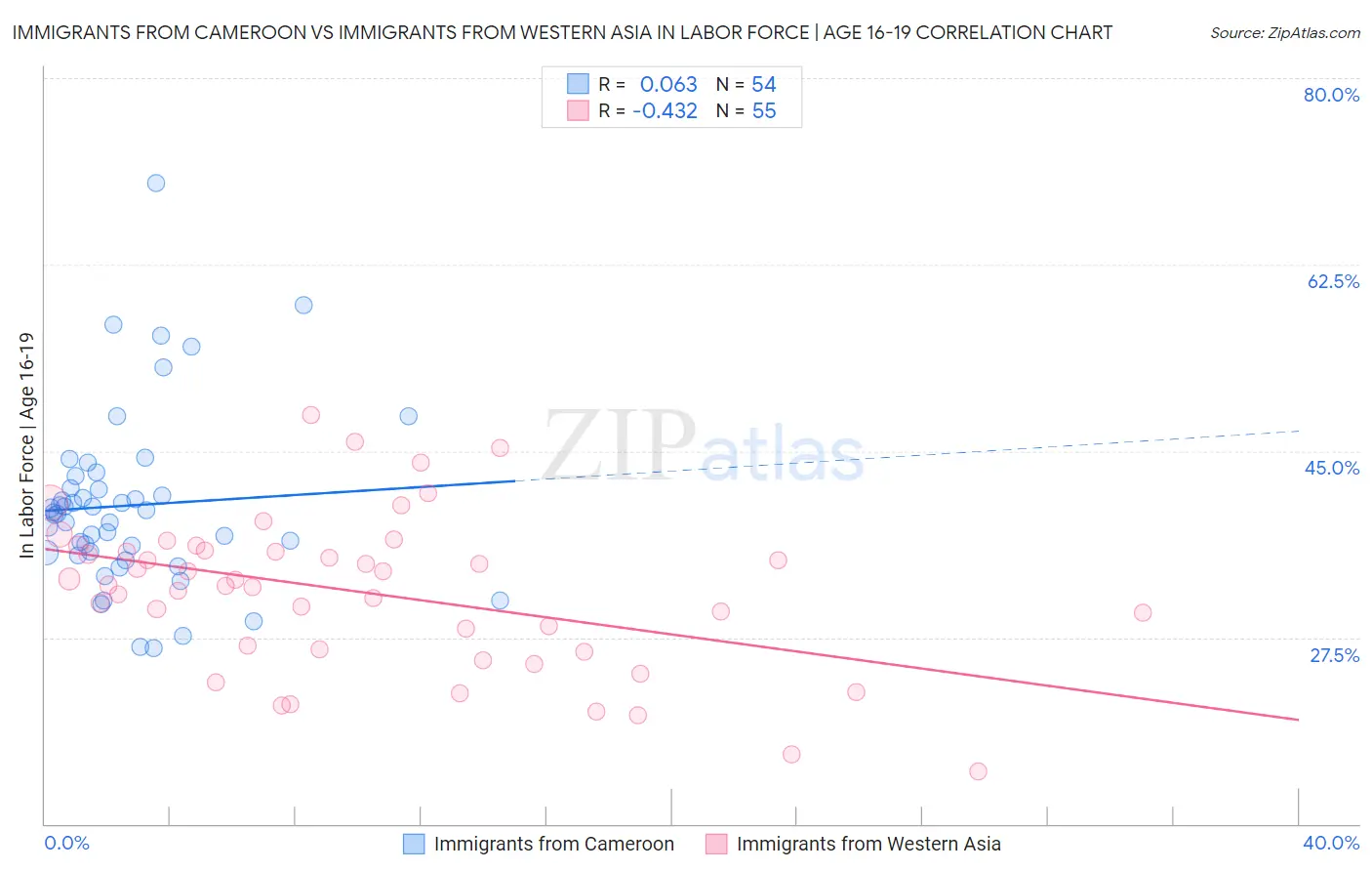 Immigrants from Cameroon vs Immigrants from Western Asia In Labor Force | Age 16-19