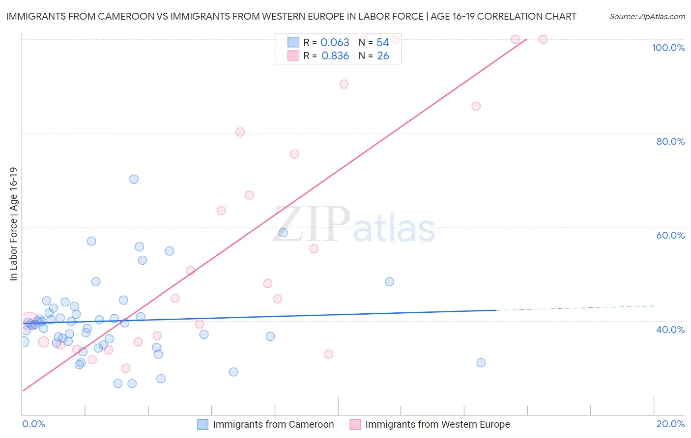 Immigrants from Cameroon vs Immigrants from Western Europe In Labor Force | Age 16-19