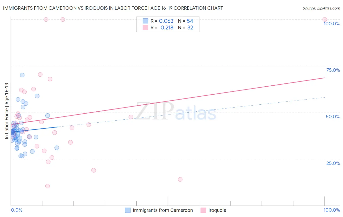 Immigrants from Cameroon vs Iroquois In Labor Force | Age 16-19