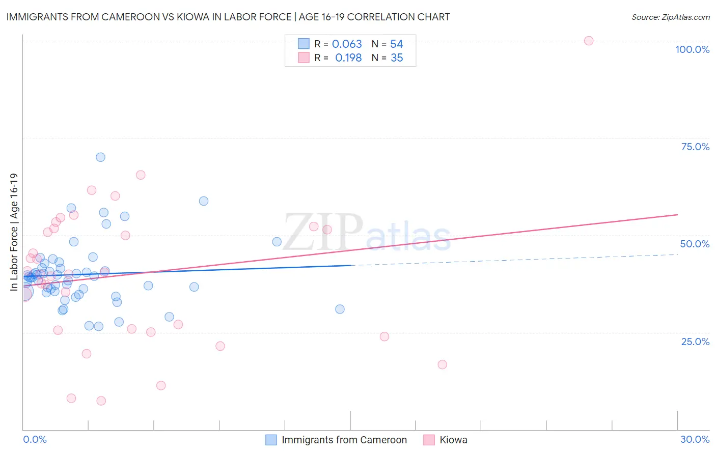 Immigrants from Cameroon vs Kiowa In Labor Force | Age 16-19
