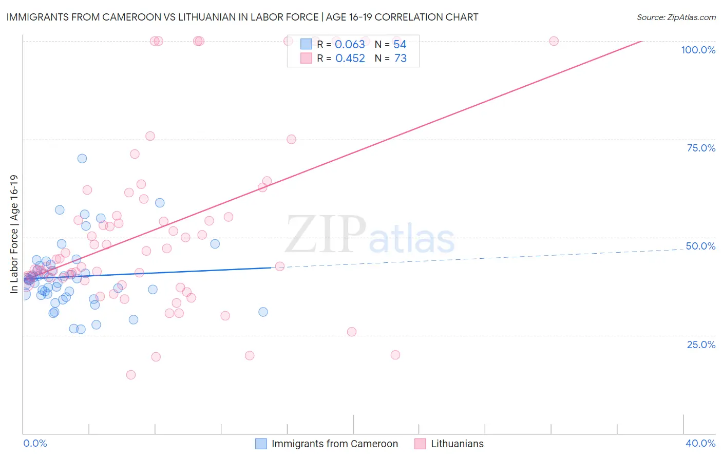 Immigrants from Cameroon vs Lithuanian In Labor Force | Age 16-19