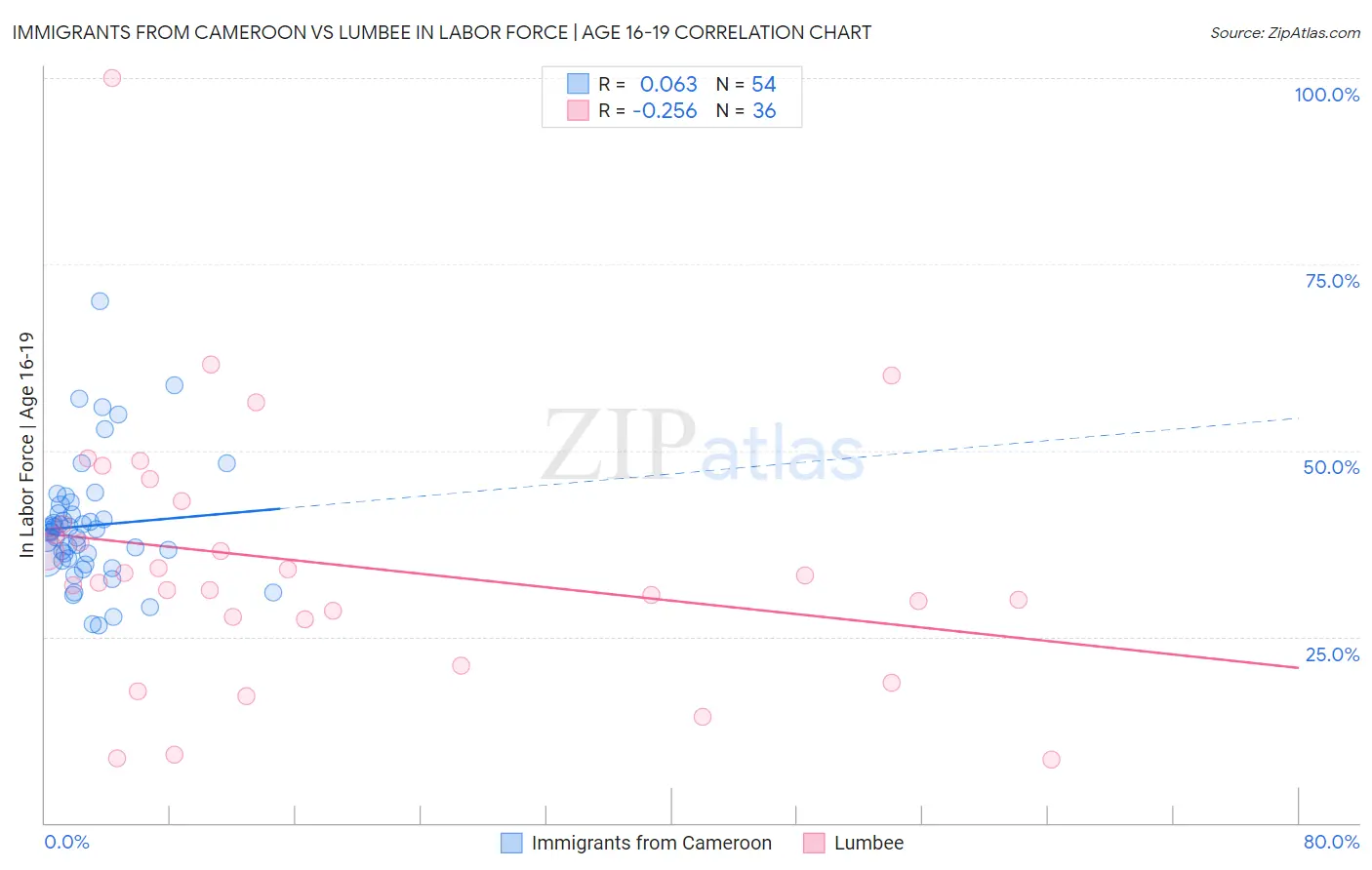 Immigrants from Cameroon vs Lumbee In Labor Force | Age 16-19