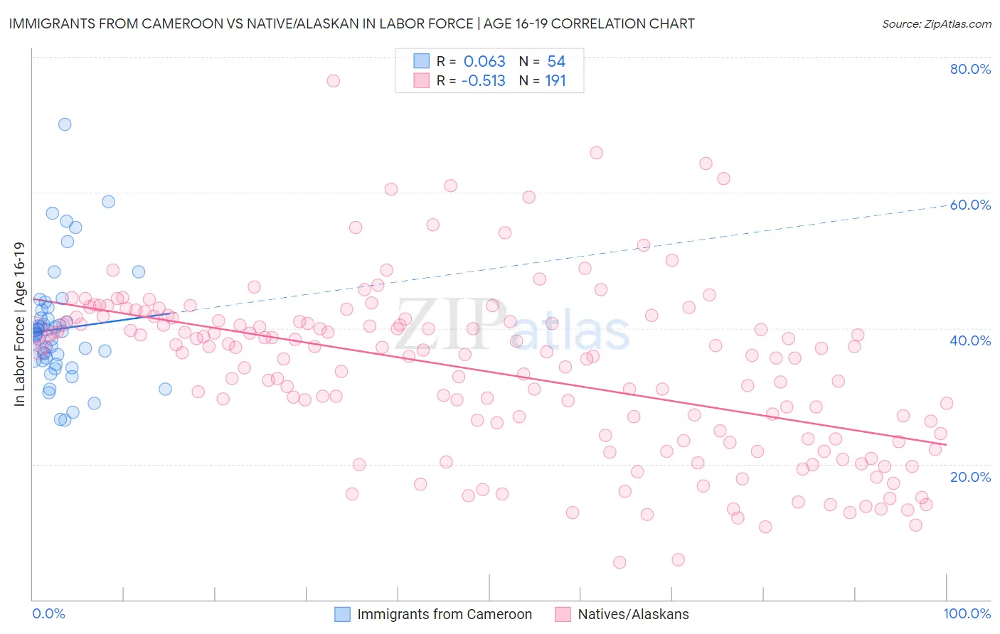 Immigrants from Cameroon vs Native/Alaskan In Labor Force | Age 16-19